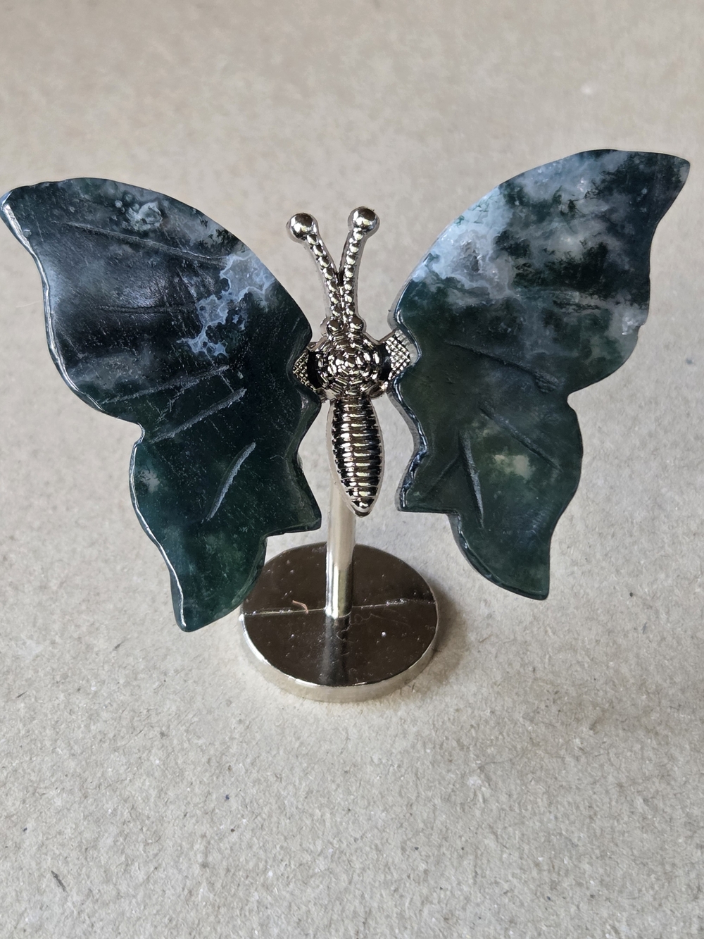 Moss Agate Crystal Butterfly Wings On Metal Body Stand Decor Home Accent